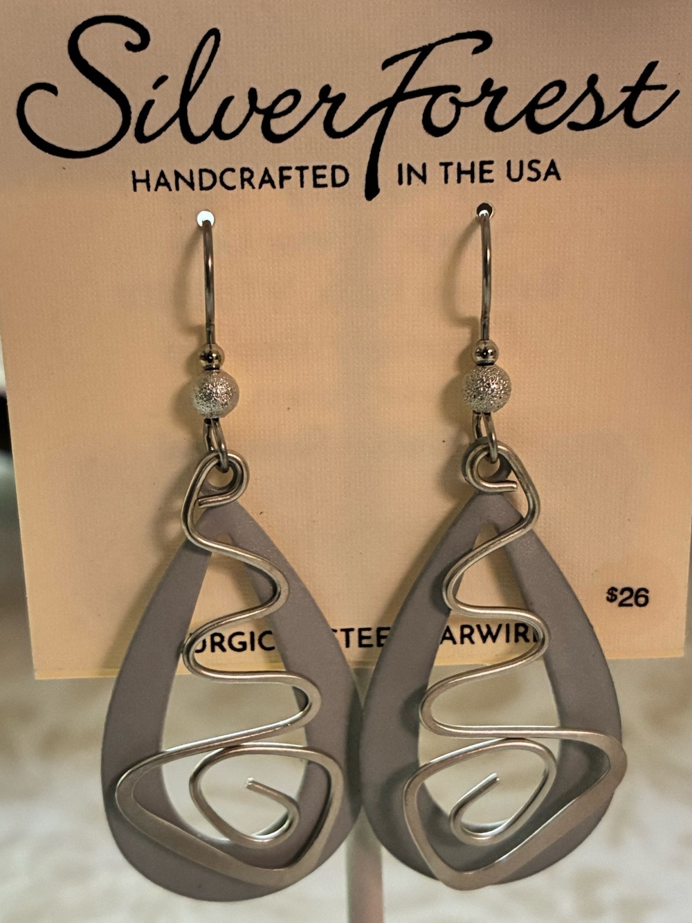 New Silver Forest Earrings Gray SilverTone Teardrop Coil Overlay Surgical Steel